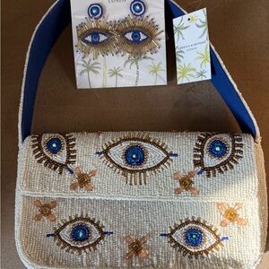 Mystic Eyes Beaded Shoulder Bag with Navy Strap and earrings